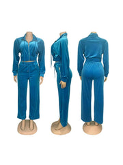 Casual Velour Zipper Lapel Coats Pant Sets