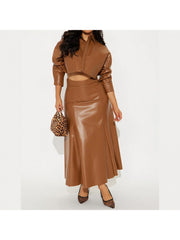 PU Cropped Lapel Coats Swing Skirt Sets