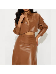 PU Cropped Lapel Coats Swing Skirt Sets