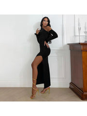 One Shoulder Fake Fur Side Slit Maxi Dress