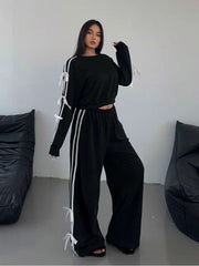 Bow Striped Trim Loose Sweatpants Set