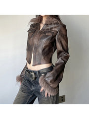 Fake Fur Lapel Cropped Zipper Peacoat