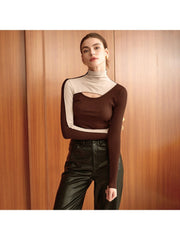 Colorblock Hollow-out Mock Neck Fitted Tops