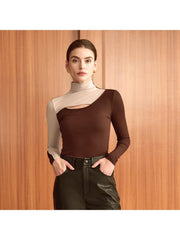 Colorblock Hollow-out Mock Neck Fitted Tops