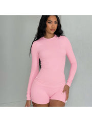 Plain Bodycon Long Sleeve Top Short Sets