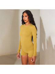 Plain Bodycon Long Sleeve Top Short Sets