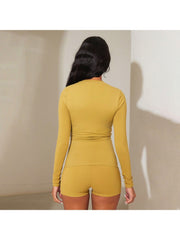 Plain Bodycon Long Sleeve Top Short Sets