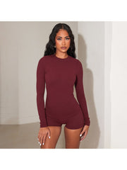 Plain Bodycon Long Sleeve Top Short Sets