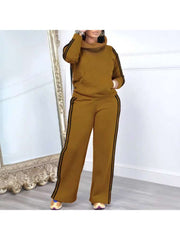 Striped Trim Highneck Sweatshirt Pant Sets