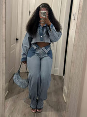 Colorblock Denim Cropped Shirt Jeans Sets