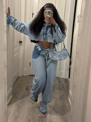 Colorblock Denim Cropped Shirt Jeans Sets