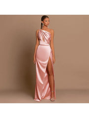 Elegant Satin Off Shoulder Split Ruched Maxi Dress