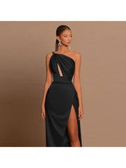 Elegant Satin Off Shoulder Split Ruched Maxi Dress