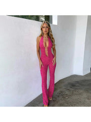 Sexy Flocking Hollow Out Halter Deep V Jumpsuits