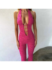 Sexy Flocking Hollow Out Halter Deep V Jumpsuits