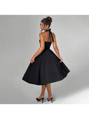 Solid Tie-wrap Halter Pleated Sleeveless Long Dress