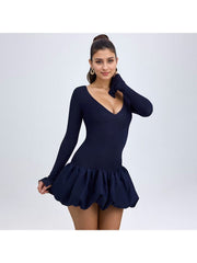 Solid V Neck Fitted Bubble Mini Dress