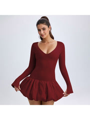 Solid V Neck Fitted Bubble Mini Dress