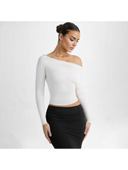 Ruched Inclined Shoulder Cropped Tops