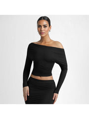 Ruched Inclined Shoulder Cropped Tops