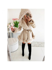 Modernist PU Fur Patchwork Hooded Lace Up Long Coats