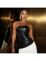 Irregular Ruched Strapless Leather Tank