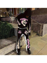 Colorblock Skull Flame Hooded Long Sets