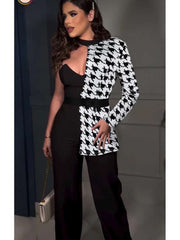 Houndstooth One Shoulder Jumpsuit Sets