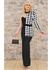 Houndstooth One Shoulder Jumpsuit Sets