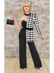 Houndstooth One Shoulder Jumpsuit Sets