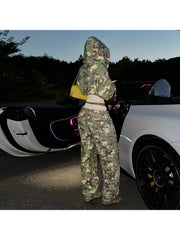 Camouflage Print Zipper Hooded Pant Sets