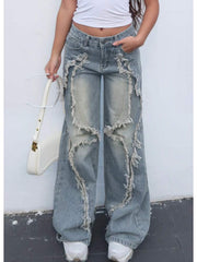 Distressed Frayed Denim High Rise Jeans