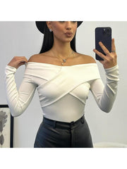 Plain Rib Off Shoulder Wrap Bare Waist Tops