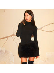 Fluff Patchwork Highneck Fitted Mini Dress