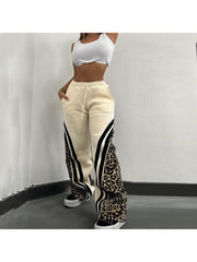 Colorblock Leopard Striped Trim Loose Pants