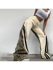 Colorblock Leopard Striped Trim Loose Pants