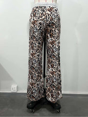 Colorblock Leopard Striped Trim Loose Pants