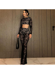 Lace Floral Cropped Sheer Fitted Pant Sets