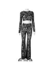 Lace Floral Cropped Sheer Fitted Pant Sets