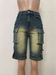 Distressed Denim Multi Pocket Cargo Shorts