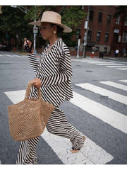 Colorblock Striped Lapel Shirt Pant Sets