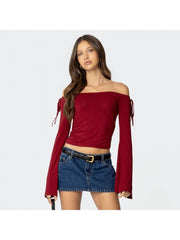 Ruched Off Shoulder Lace Up Cropped Tops