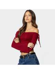 Ruched Off Shoulder Lace Up Cropped Tops