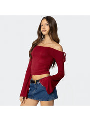 Ruched Off Shoulder Lace Up Cropped Tops