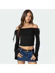 Ruched Off Shoulder Lace Up Cropped Tops