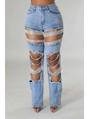 Rhinestone Hollow-out Denim Ripped Jeans