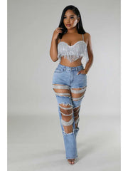 Rhinestone Hollow-out Denim Ripped Jeans