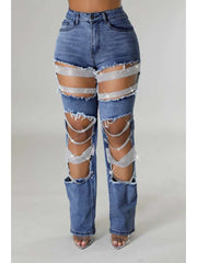 Rhinestone Hollow-out Denim Ripped Jeans