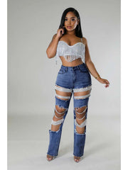 Rhinestone Hollow-out Denim Ripped Jeans