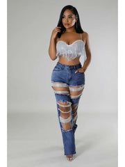 Rhinestone Hollow-out Denim Ripped Jeans